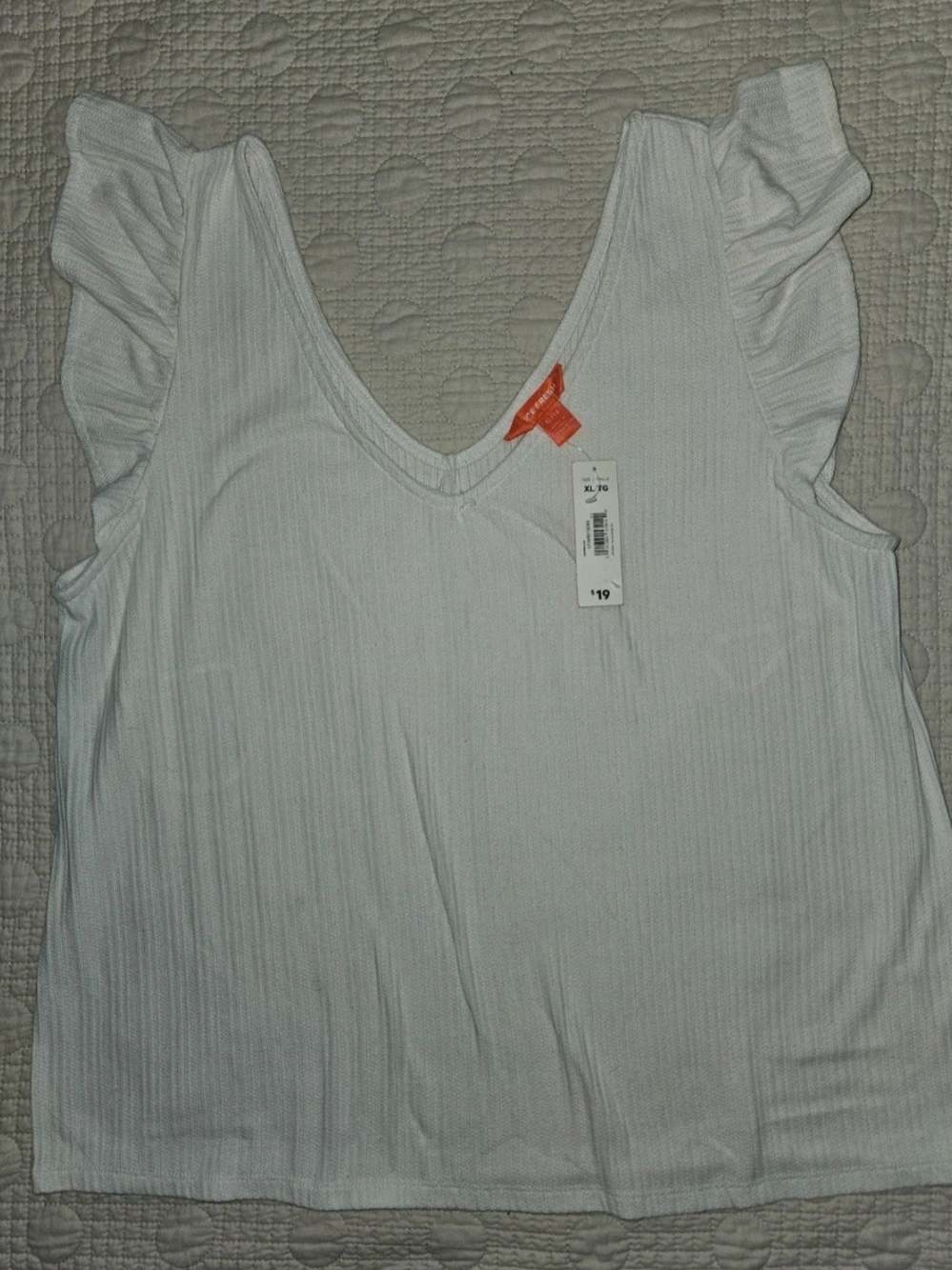Joe Fresh White Ribbed V-Neck Tank with Ruffle Sleeves